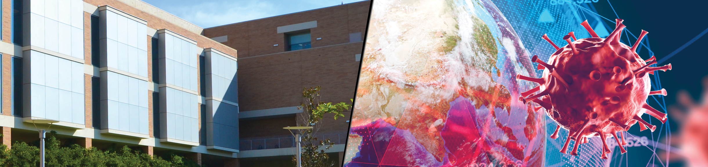 Banner image of CHASS Interdisciplinary Building South and coronavirus stock image